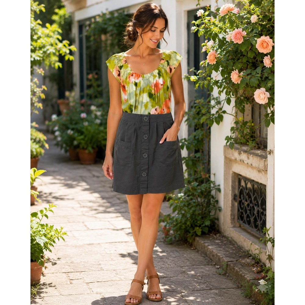 Tabitha Anthropologie Silk Cotton Mixed Media Dress 4 Green Floral Gray